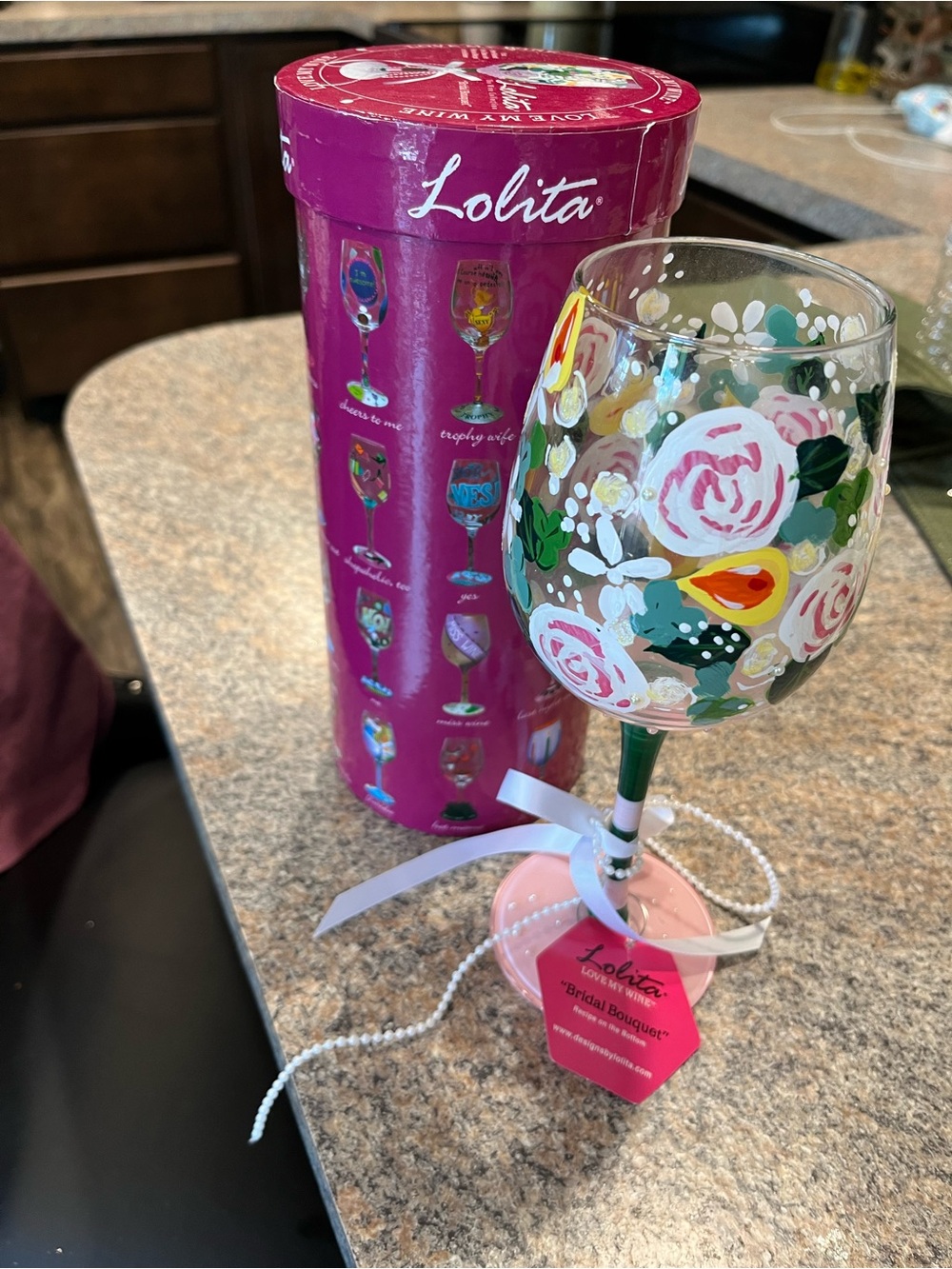 Lolita Pink & Green Hand-Painted Floral Wine Glass